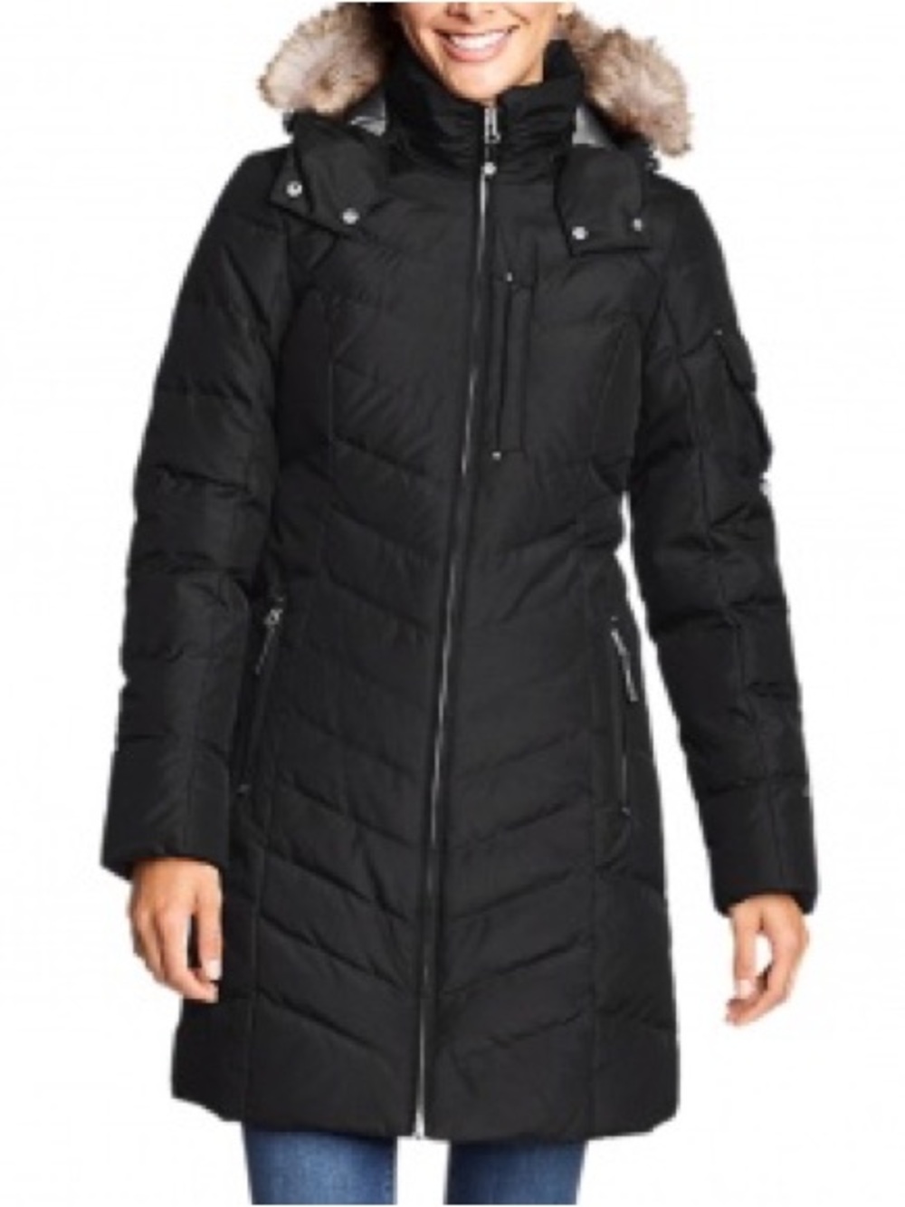 Eddie Bauer Black Long Quilted Puffer Coat with Faux Fur Hood